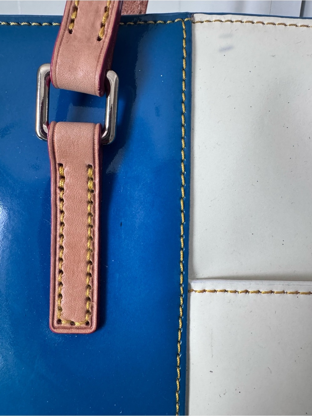 Dooney & Bourke Blue & Cream Patent Leather Tote with Tan Straps - Picture 4 of 10